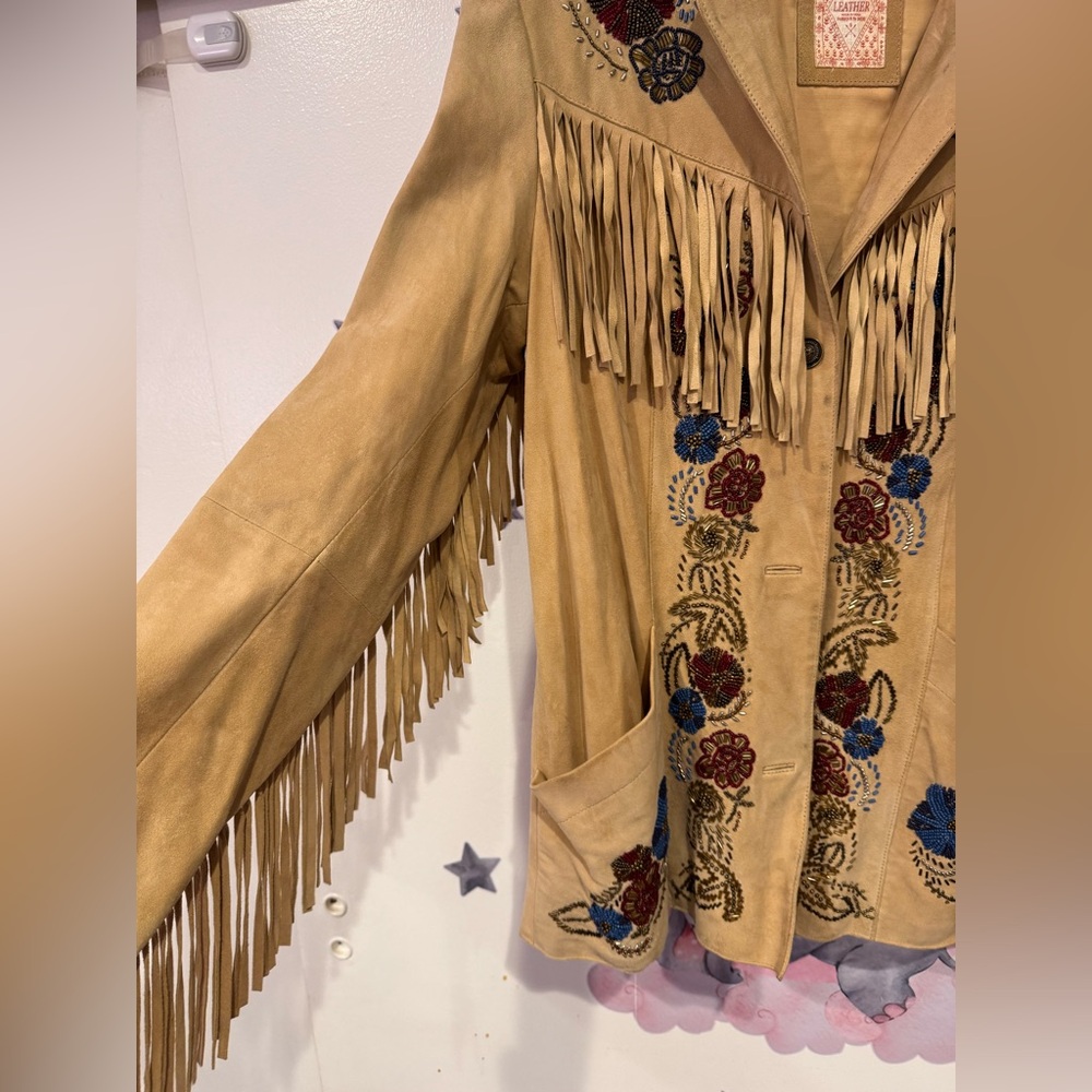 RARE Free People Vintage Sydney Fringed Beaded Suede Jacket - Tan - Picture 4 of 8